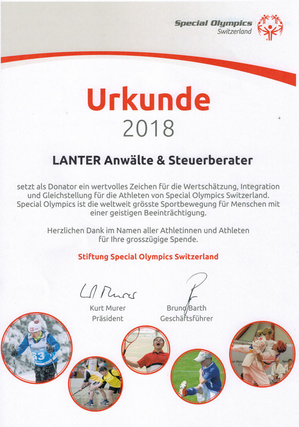 Urkunde Stiftung Special Olympics Switzerland